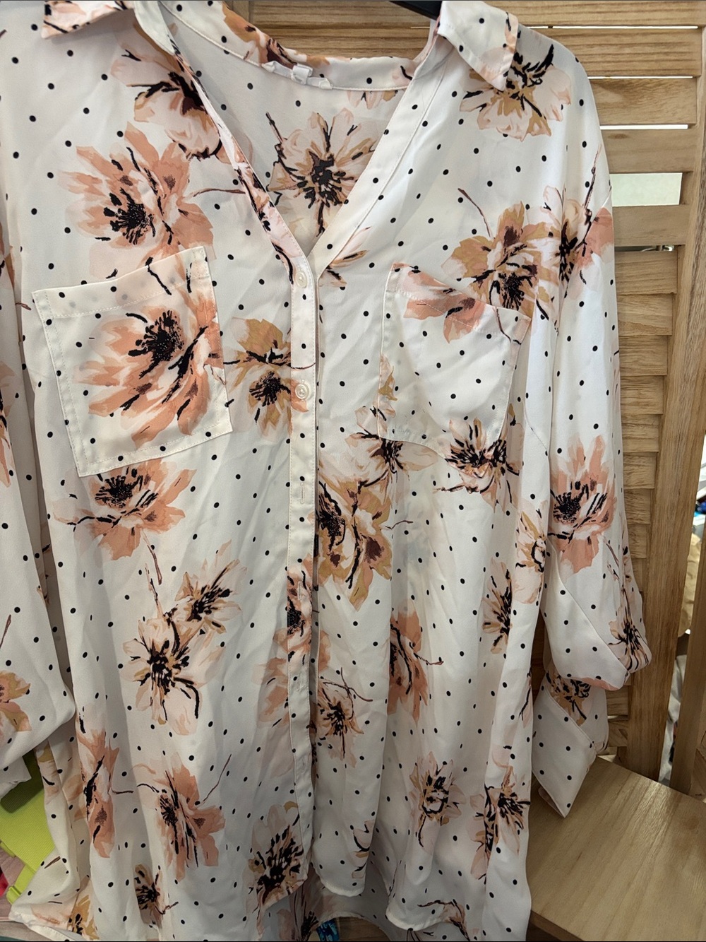 Maurices Floral Polka Dot Button-Front Blouse - Peach/Black XXL